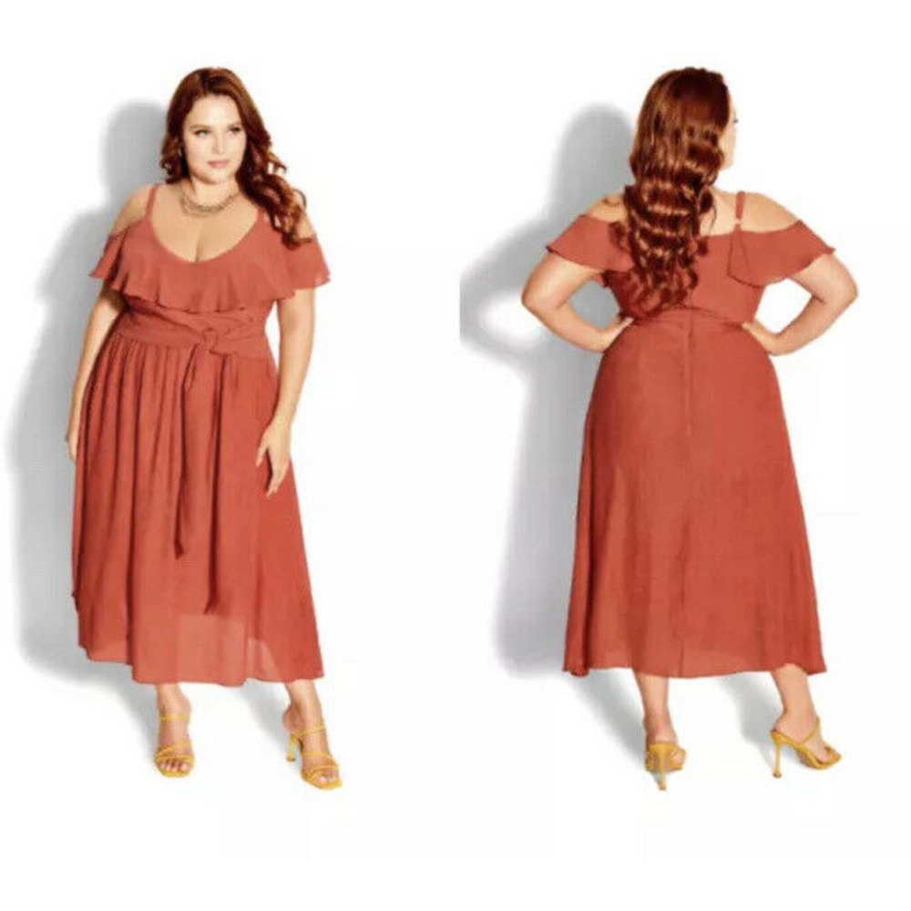 New City Chic Womans Romantic Tie Dress Sz 16 Koi Orange Dress V Neck NWT